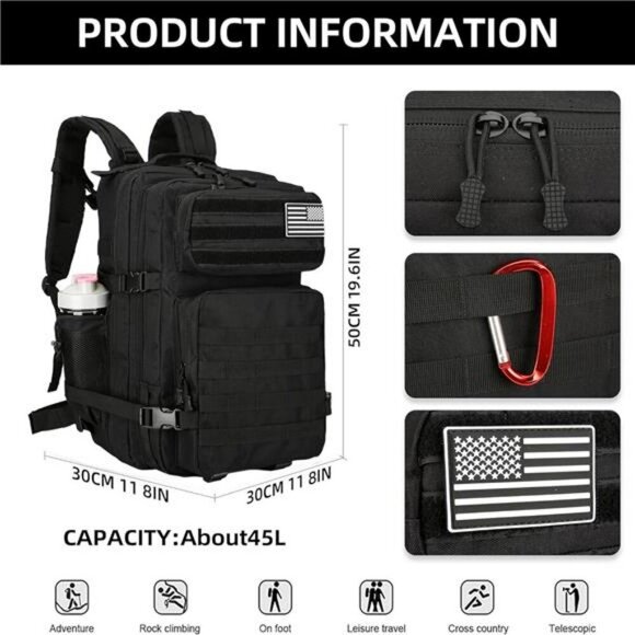 Tactical Assault Backpack 45L Waterproof Molle Military Hiking Travel Bag Black - Picture 2 of 7